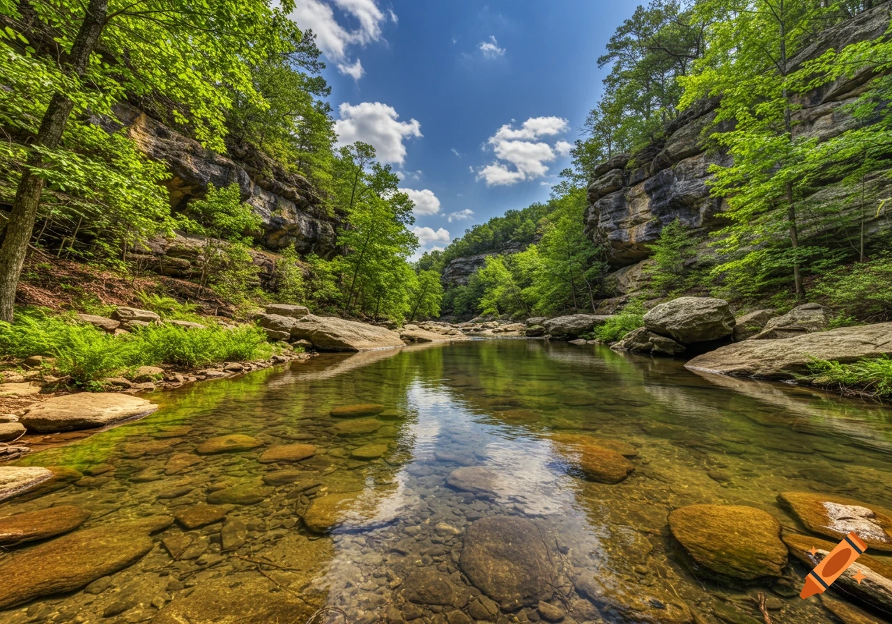 A clear river flows through a rocky gorge lined with green trees under a blue sky with white clouds.