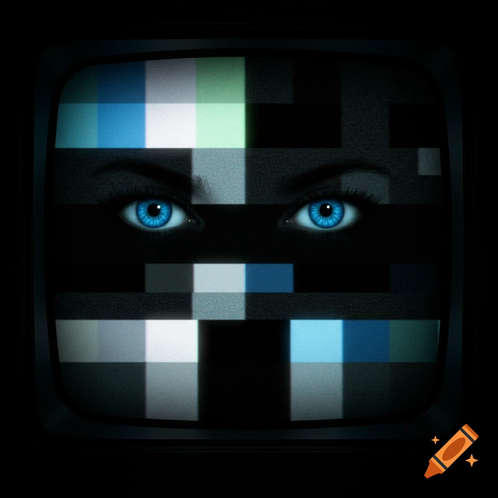 Close-up of eyes peering through a television test pattern on a screen.