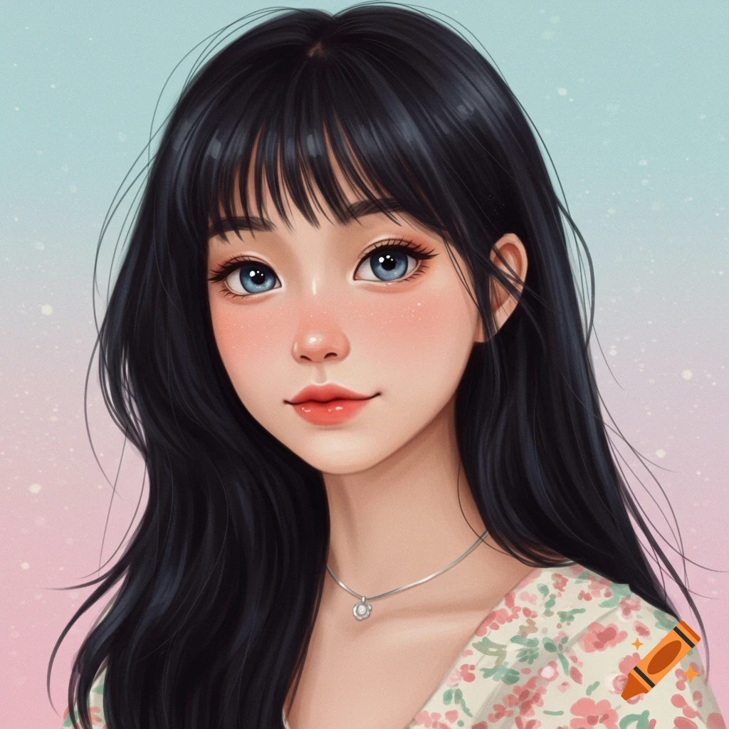 A girl with long black hair and blue eyes