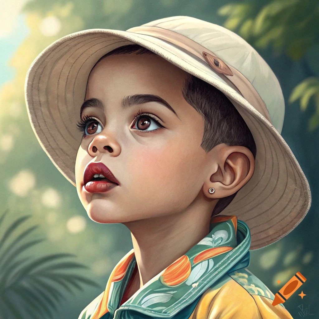 Close-up of a young boy in a hat looking up.