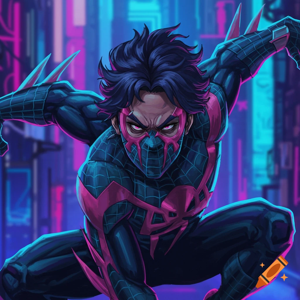 A character in a black and pink Spiderman 2099 suit is shown crouching in a neon city.