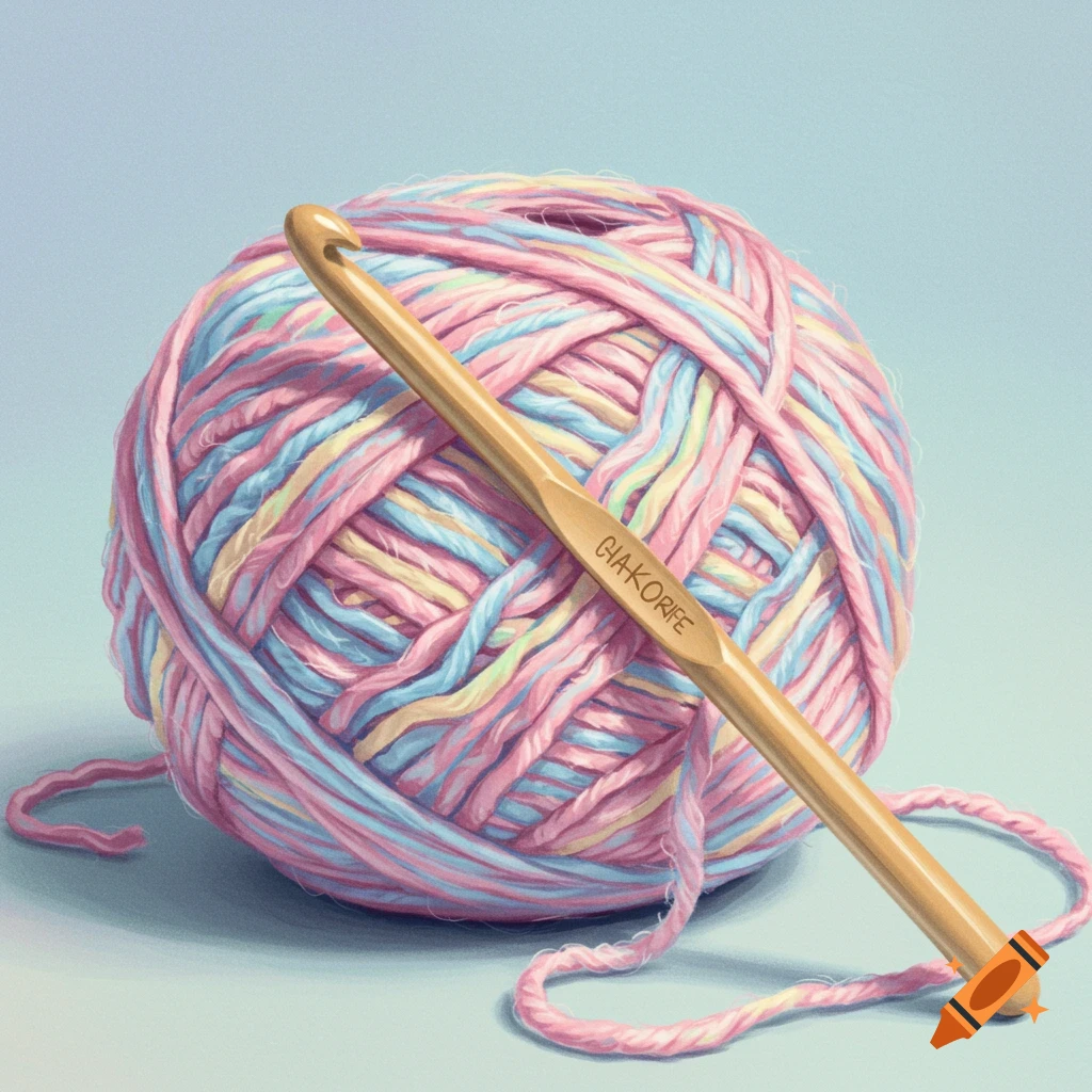 A ball of pastel multicolor yarn and a crochet hook