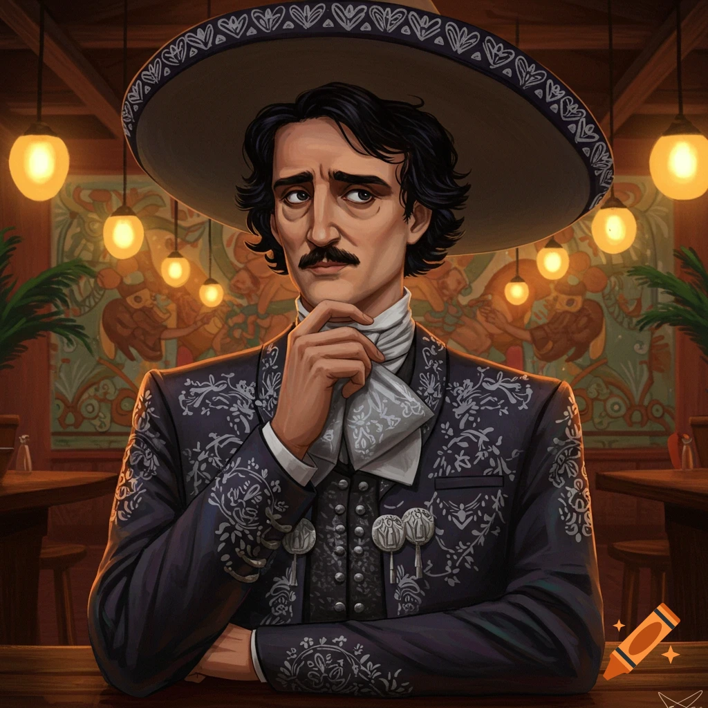 Edgar Allan Poe in a sombrero and charro suit sitting in a restaurant.