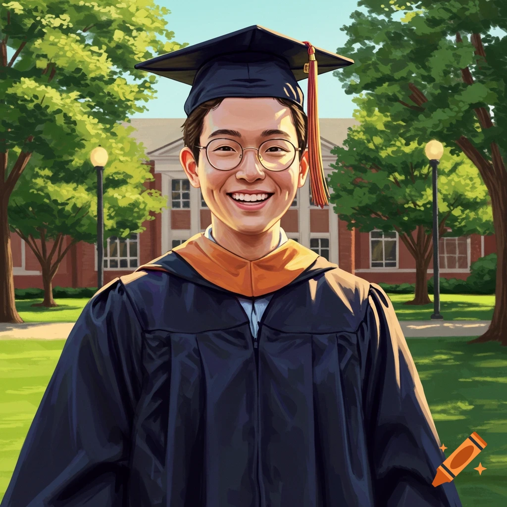 A smiling person wearing a graduation cap and gown.
