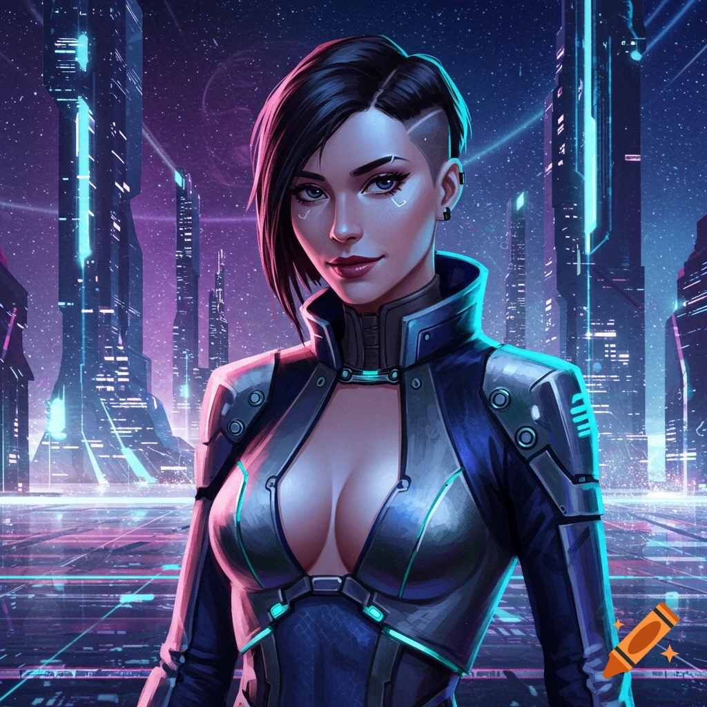A woman in a futuristic sci-fi outfit stands in a bustling city.