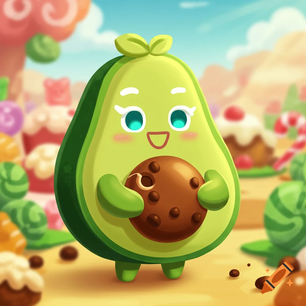 Cute cartoon avocado character holding a cookie in a candy land setting.