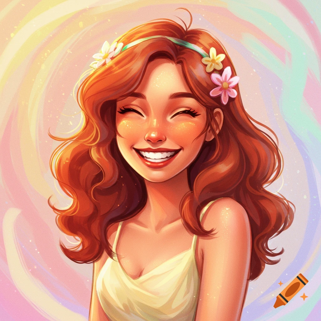 A portrait of a smiling woman with red hair and flowers in a bright, colorful style.