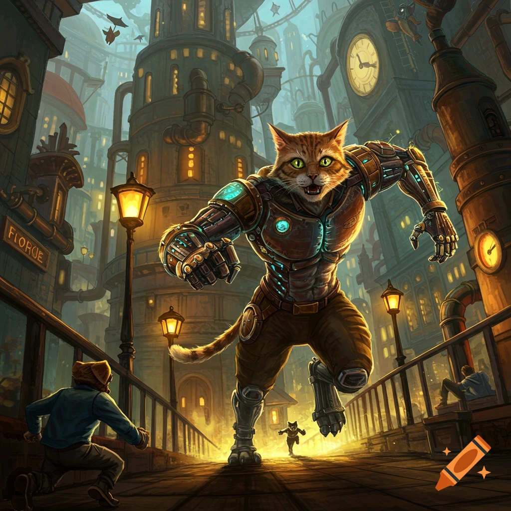 A large, muscular anthropomorphic steampunk cat runs down a street in a steampunk city.
