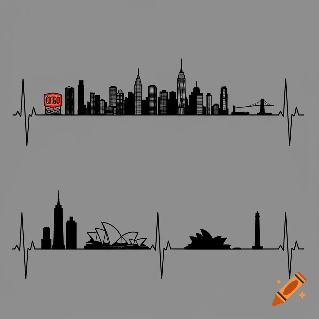 Black silhouettes of city skylines integrated into EKG lines on grey, with NYC, Boston, Sydney, Provincetown landmarks.