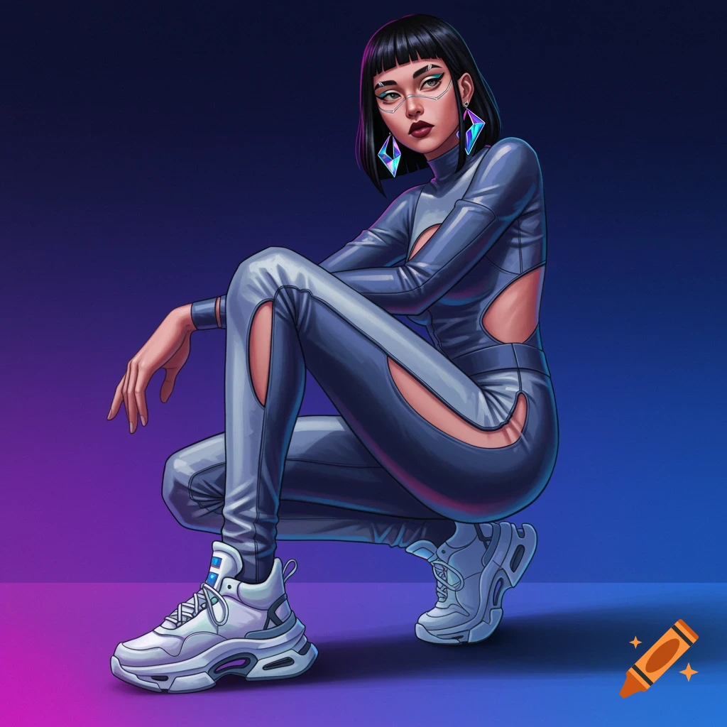 Young woman crouching in futuristic silver jumpsuit with cut-outs and chunky white sneakers.