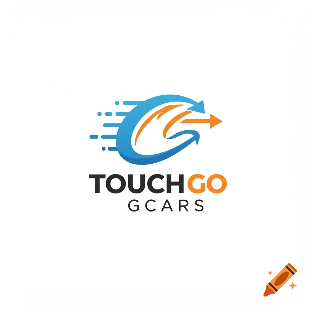 Logo with a stylized blue swirl forming a 'G', an orange arrow pointing right, blue speed lines, and the text TOUCHGO GCARS below.