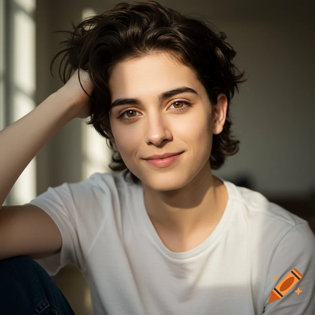 A young person with short dark hair sits in sunlight, smiling slightly.