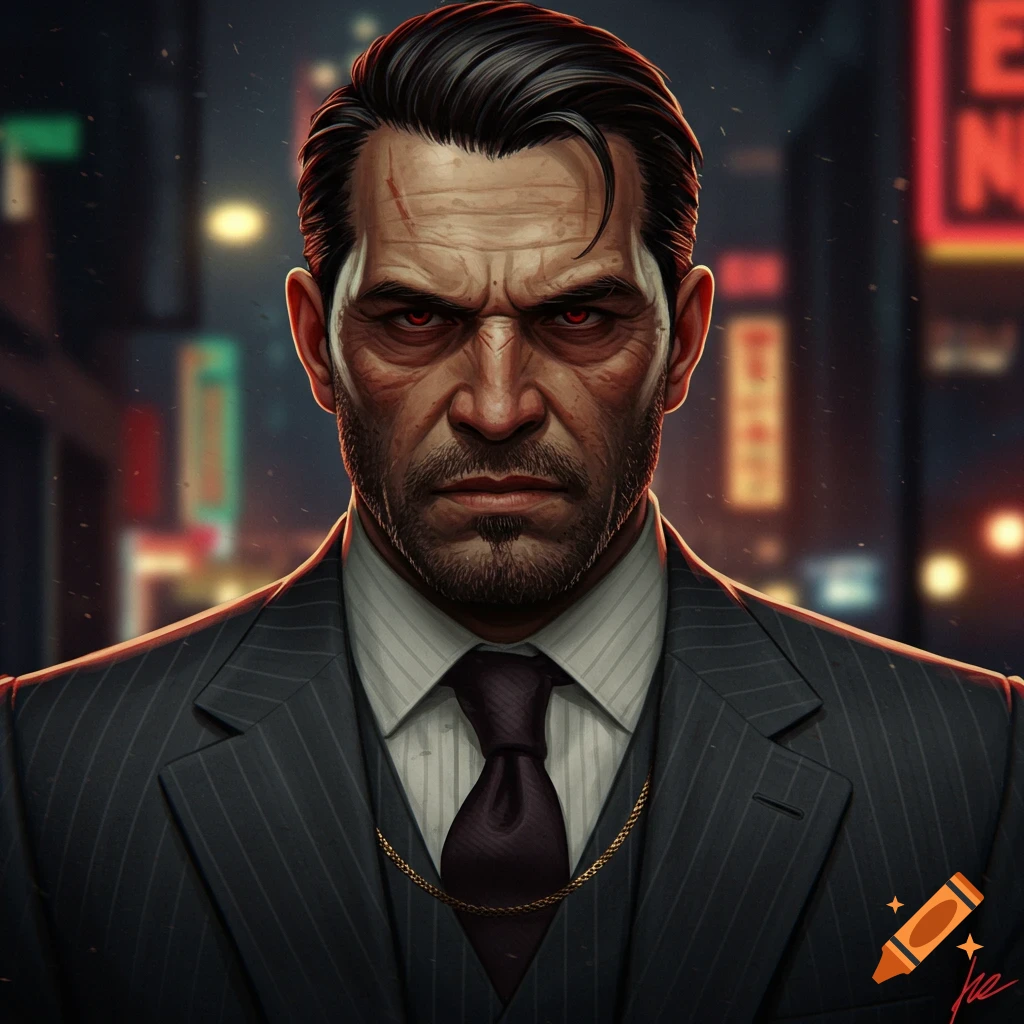 A stern man in a pinstripe suit with red eyes and scars.