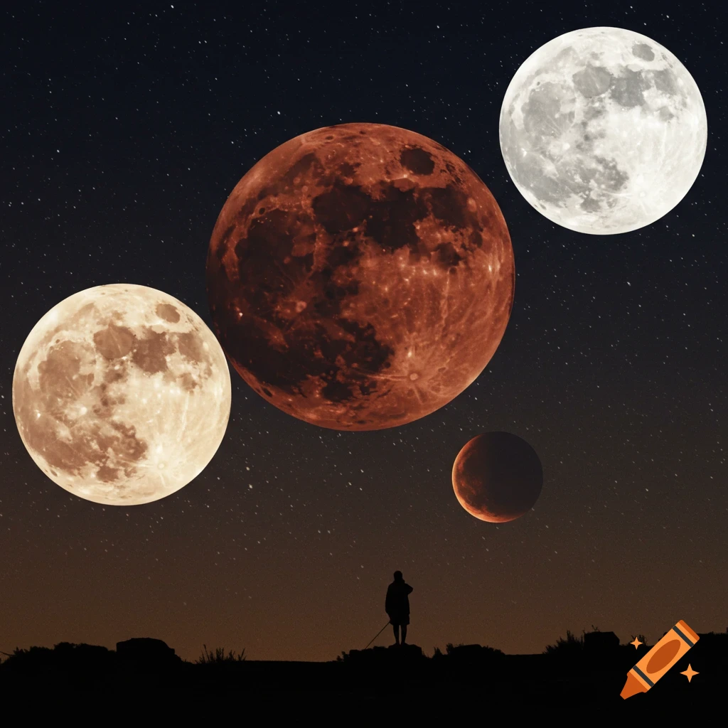 A silhouette of a person stands on a hill under a starry night sky, looking at three large moons of different colors and sizes.