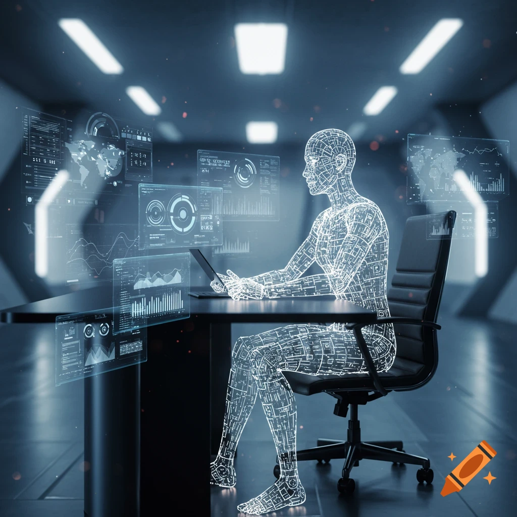 Glowing digital humanoid figure at a desk with floating data screens in a sci-fi room.
