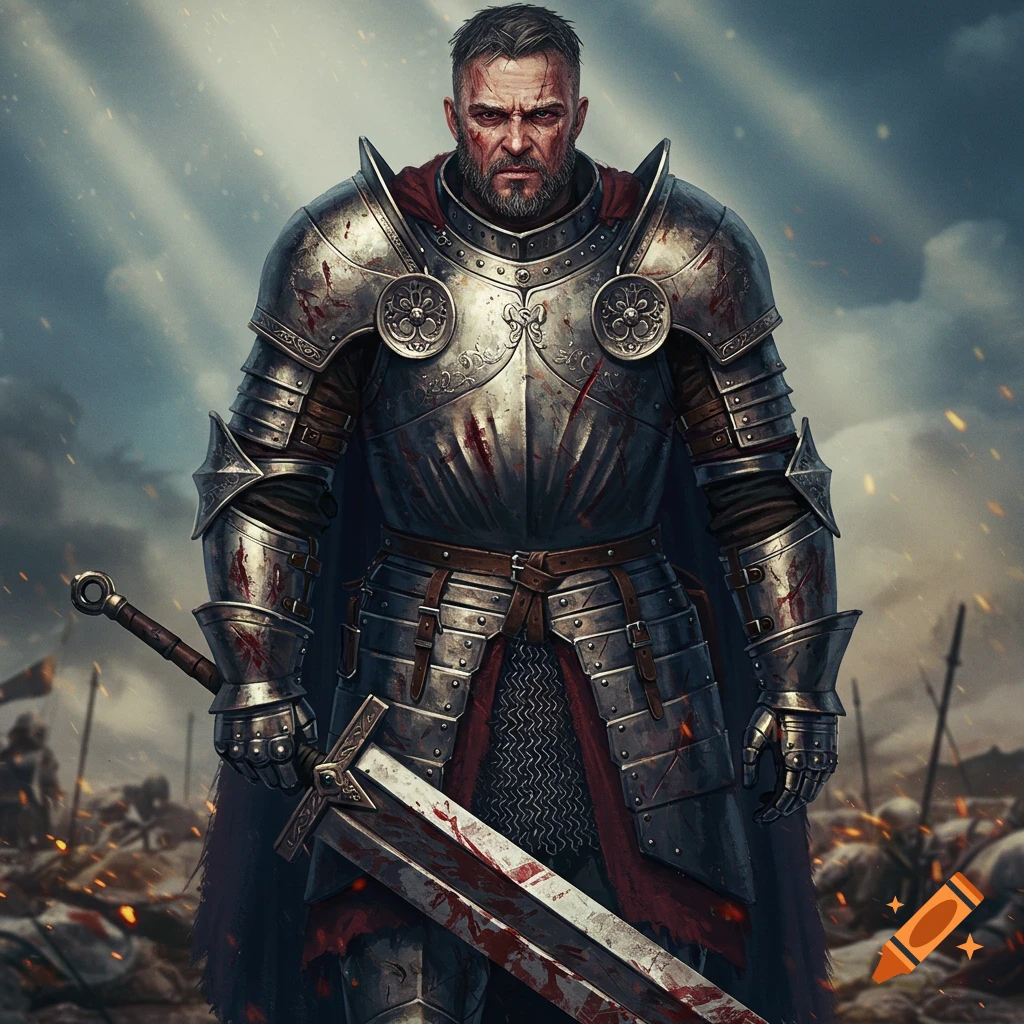 Battle-scarred warrior in bloodied armor stands on a battlefield.