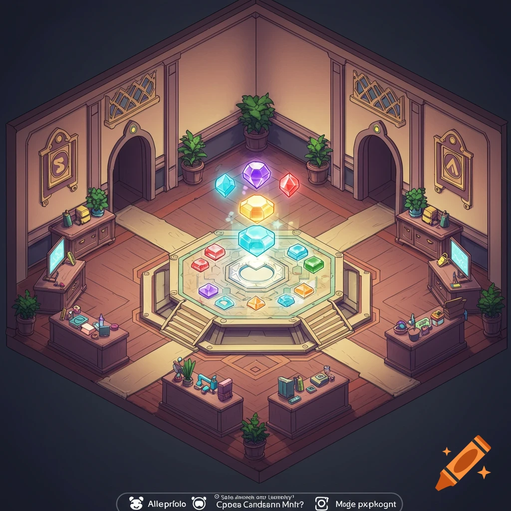 Isometric view of a fantasy room with a central hexagonal platform, glowing gems, and workstations.