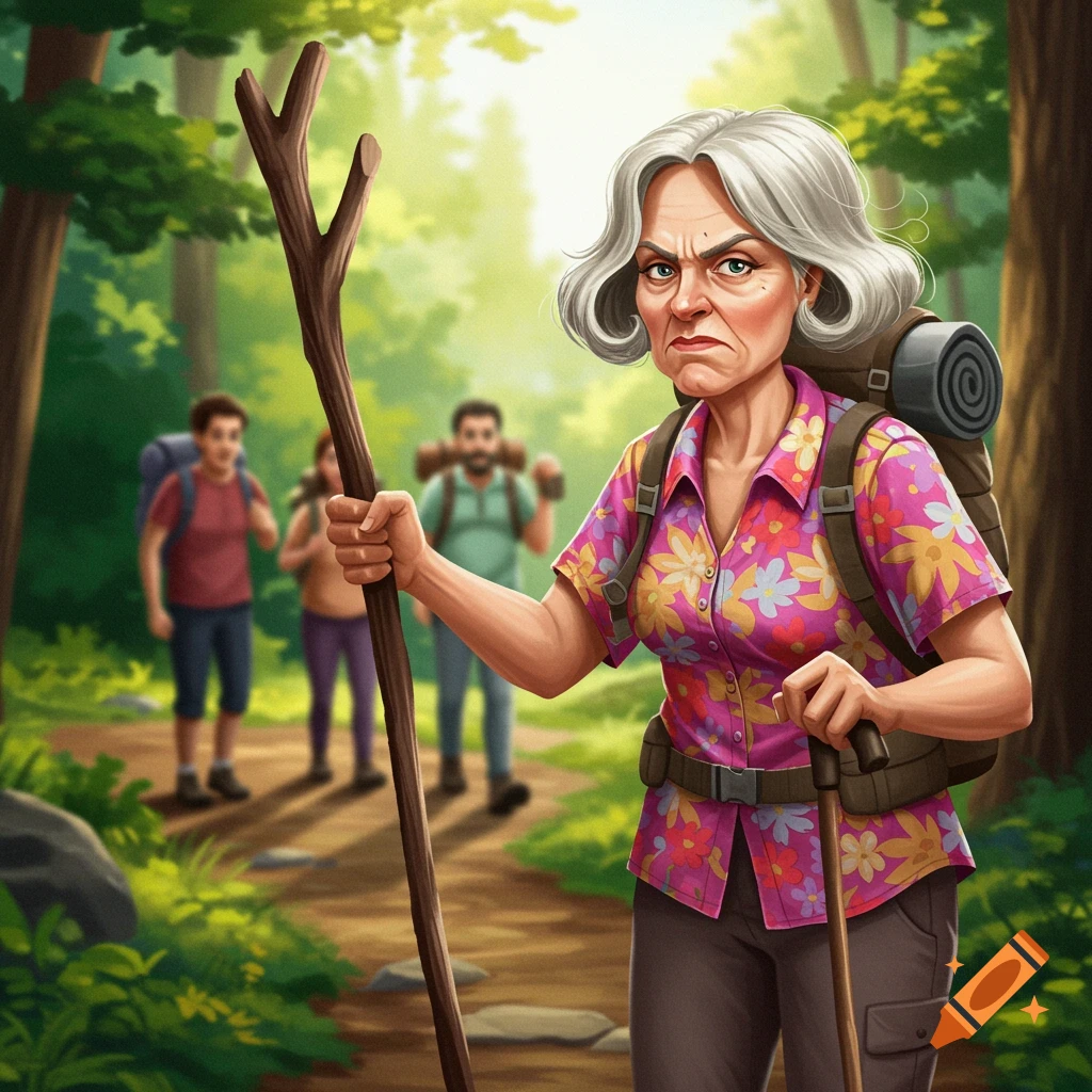 A stern-looking senior woman hiker blocking a forest path with her stick.