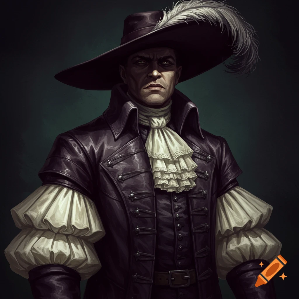 An intimidating man in a wide-brimmed plumed hat and ruffled shirt.