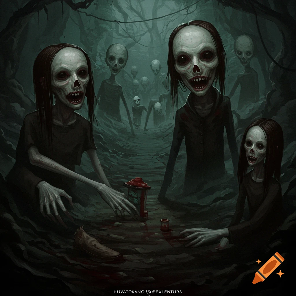 Creepy skeletal figures emerge from a dark, muddy forest.