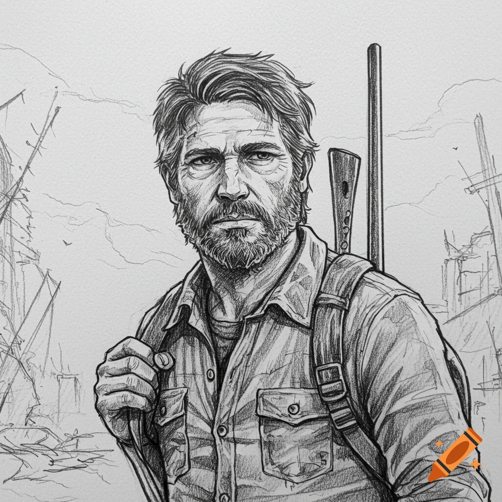Sketch of Joel from The Last of Us, carrying a rifle and backpack.