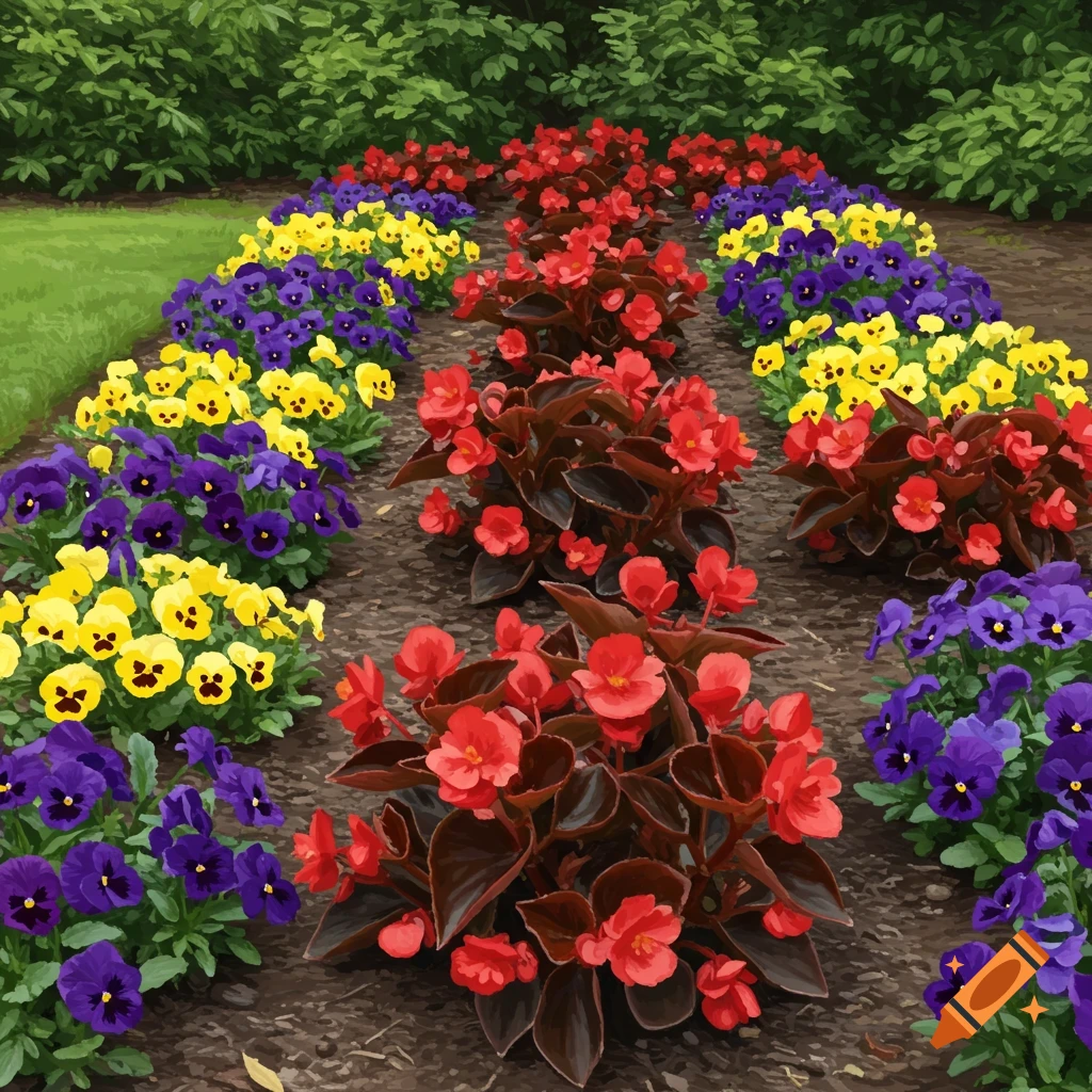 A symmetrical garden bed with rows of red, purple, and yellow flowers.