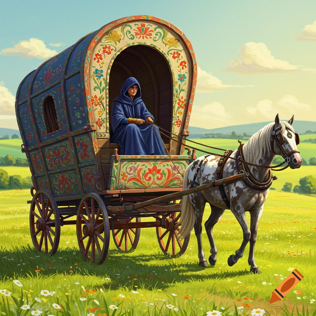 A hooded figure rides in a decorated wagon pulled by a horse through a grassy field.