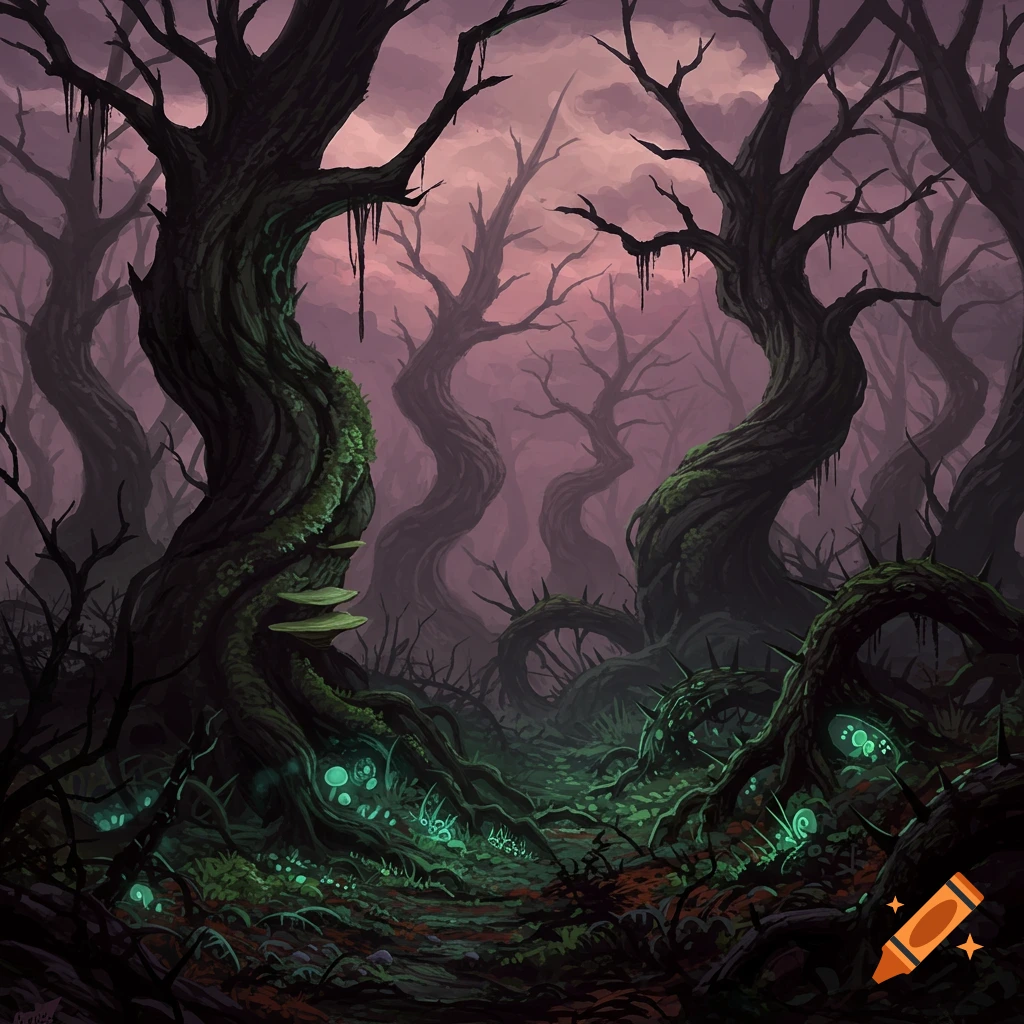 Dark fantasy image of a twisted, gnarled forest with glowing green plants on the ground under a pink sky.