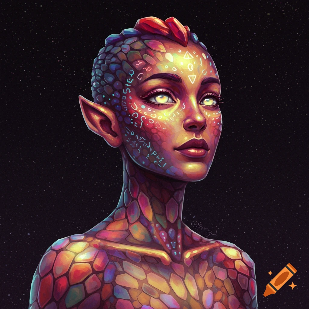 Portrait of a fantasy creature with colorful scales, symbols on the skin, pointed ears, and glowing eyes, against a starry background.