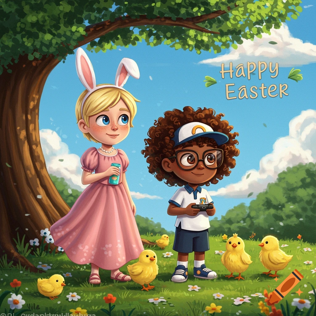 Happy Easter scene with a boy holding a game controller and a girl in a ...