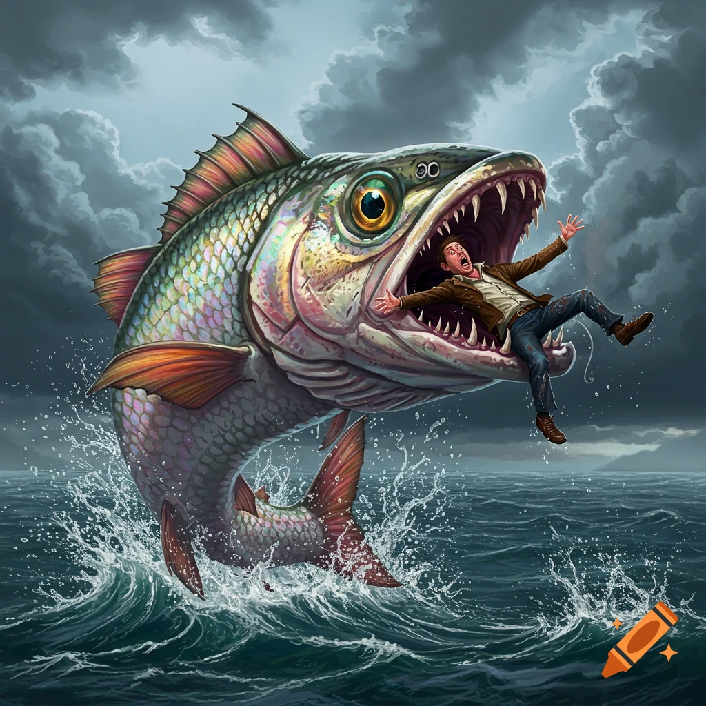 A giant fish jumping from the water with a man in its mouth