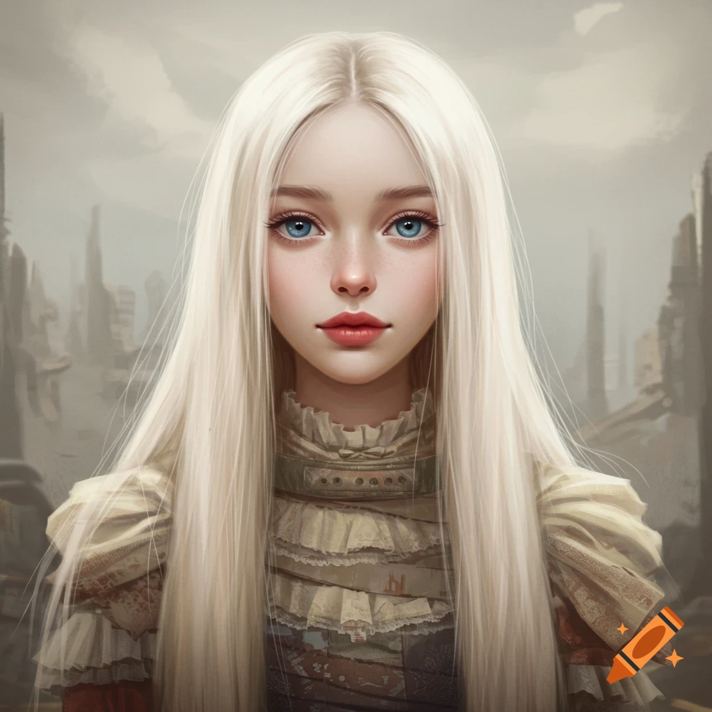 A fantasy woman with long blonde hair stands against a ruined background
