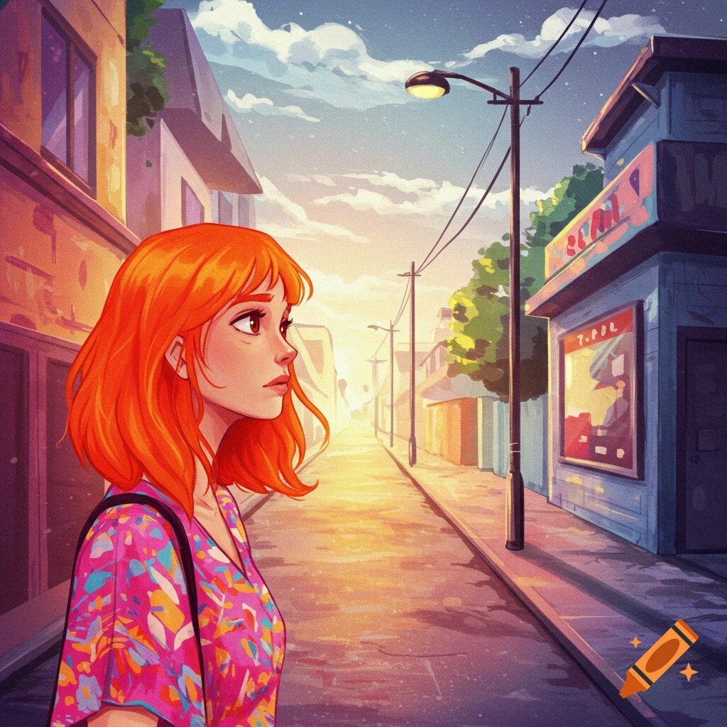 A woman with orange hair stands on a street at sunrise/sunset, looking into the distance with a cityscape background.