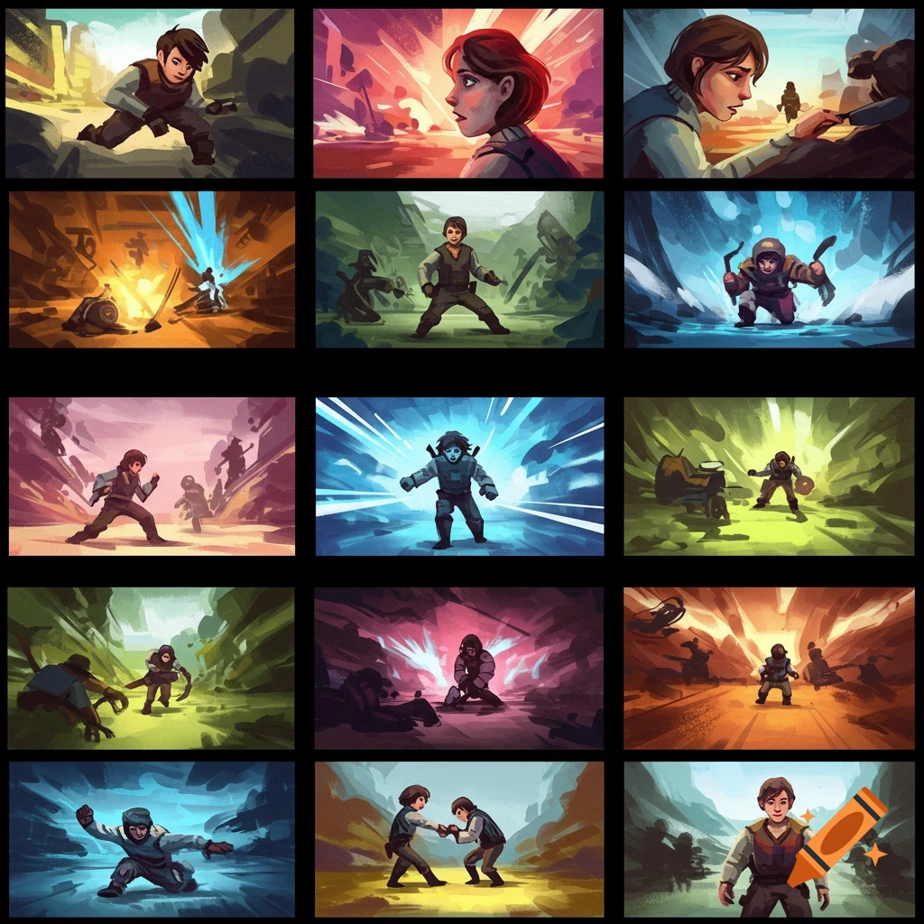 Storyboard panels showing characters in fantasy adventure scenes.