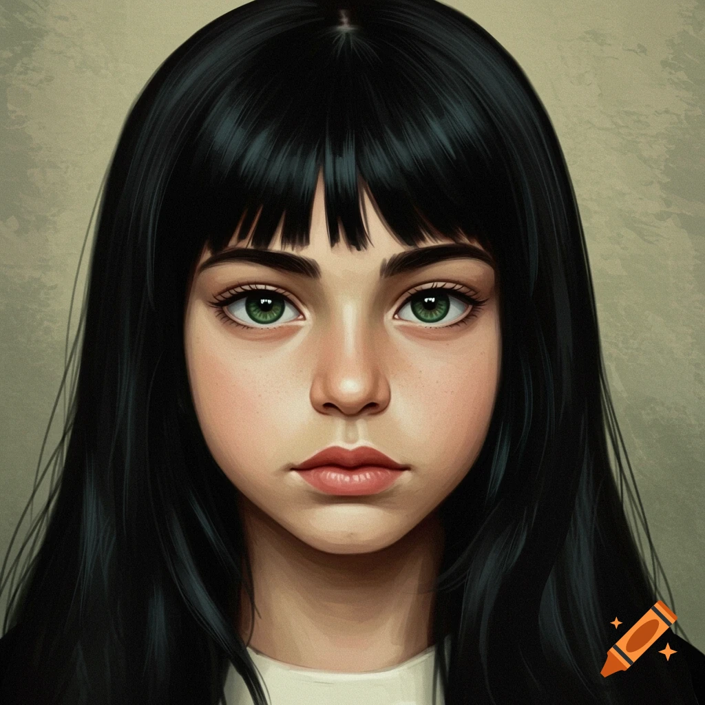 A close-up portrait of a girl with dark hair and green eyes.