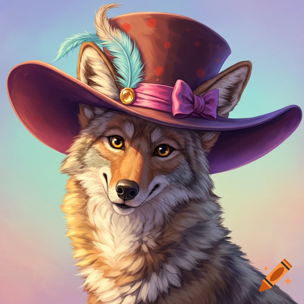 A coyote wearing a feathered hat with a pink bow.