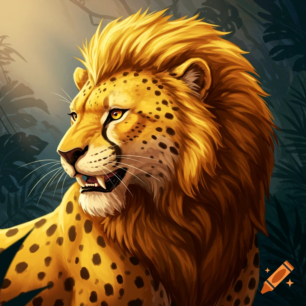 A lion-cheetah hybrid in a jungle.