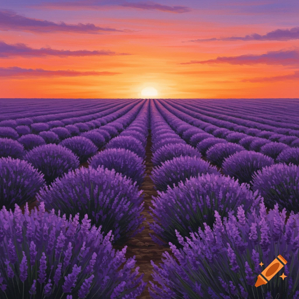 A vast field of purple lavender under an orange and purple sunset sky.