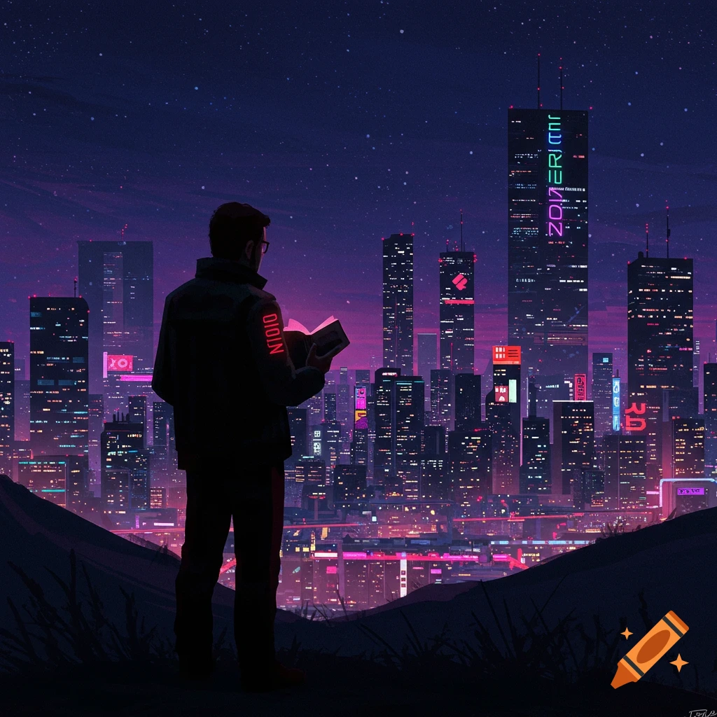 A person reads a book on a hill overlooking a futuristic city at night.