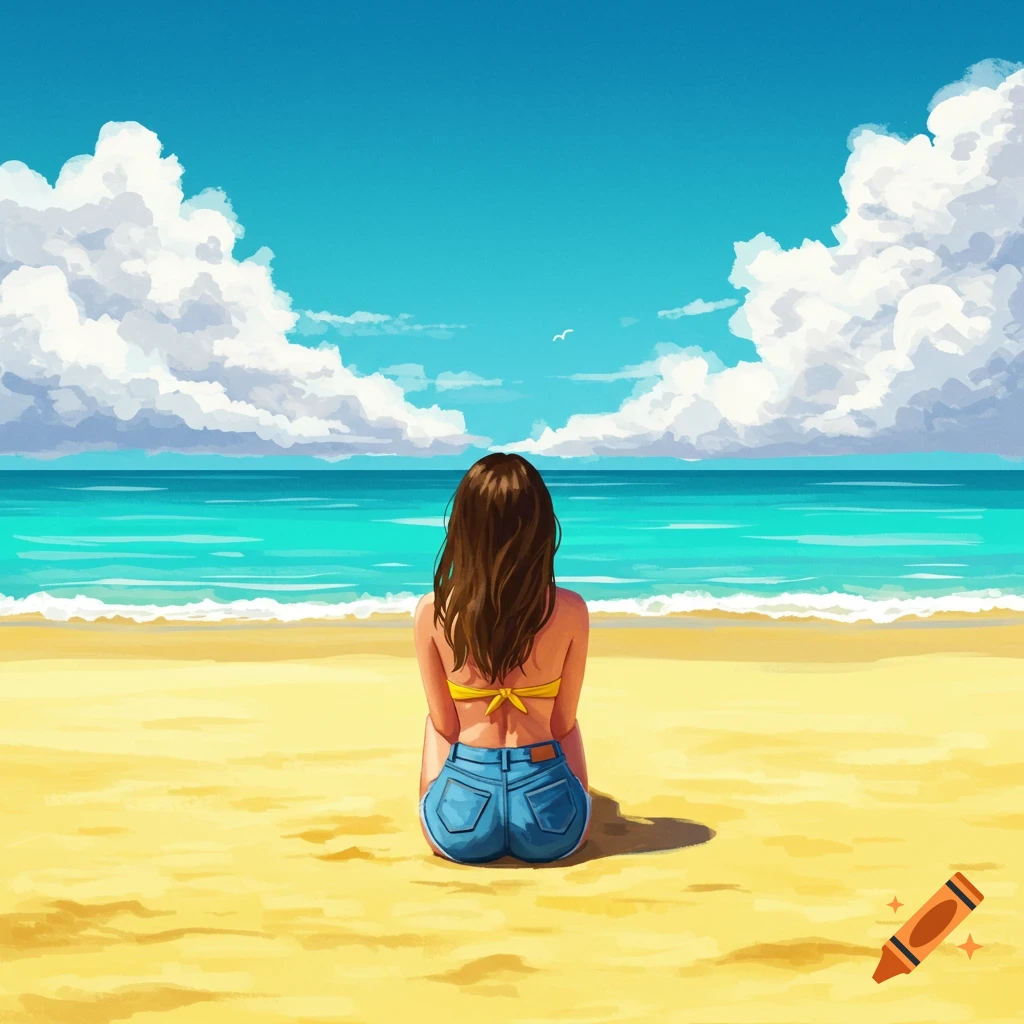 A woman sits on a sandy beach looking out at the blue ocean under a cloudy sky.