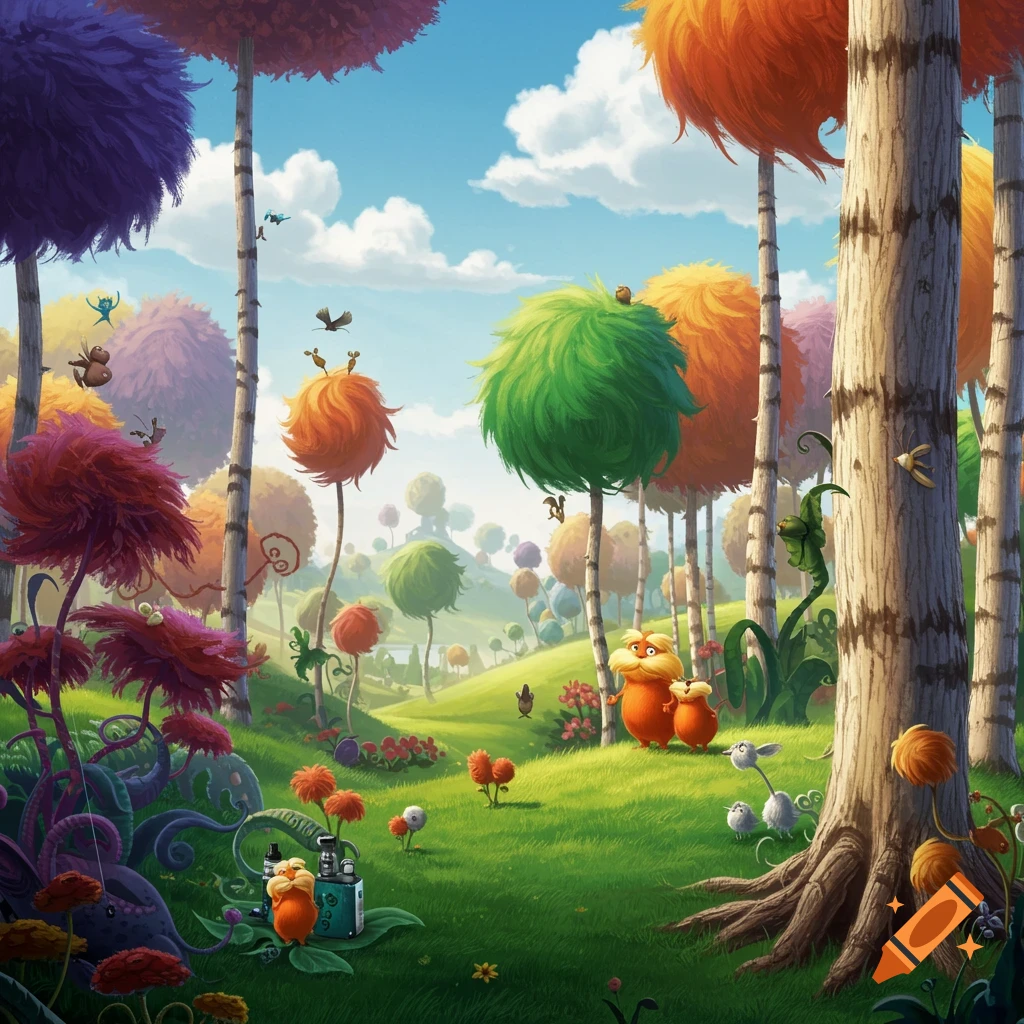 Whimsical depiction of a colorful forest with strange, fuzzy trees and small cartoon creatures.