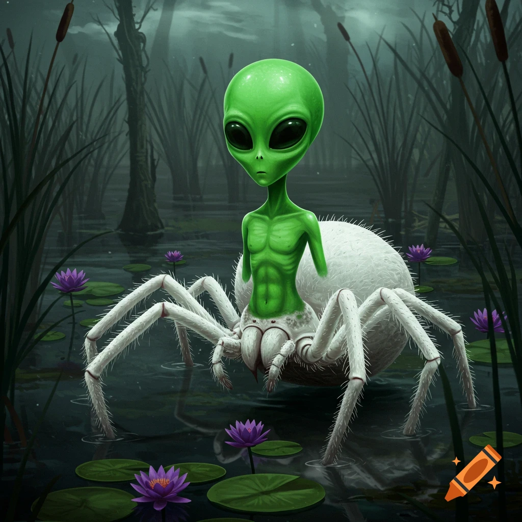 A green alien with a white spider body stands in a dark swamp with lily pads and reeds, digital art.