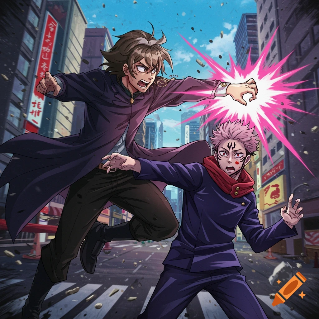 Anime characters Cid Kagenou and Sukuna fight in a city street.