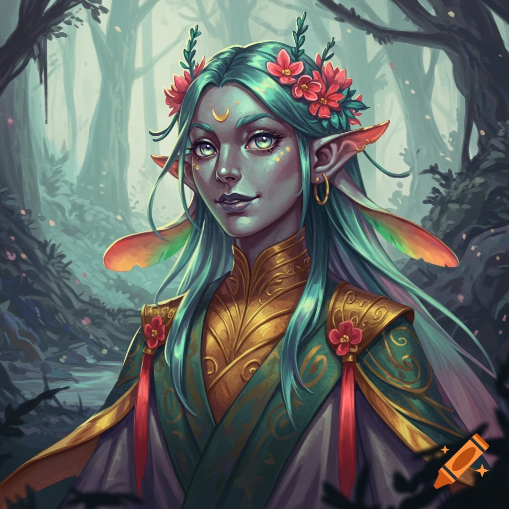 A fantasy character with blue hair, pointy ears, flowers, and gold clothing in a forest.
