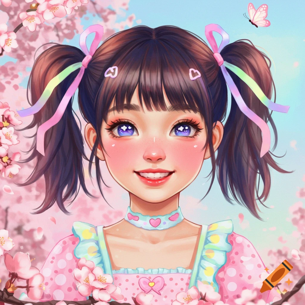 A cute girl with pigtails and ribbons surrounded by cherry blossoms.