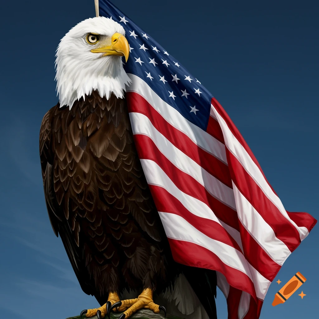 A bald eagle standing next to an American flag.