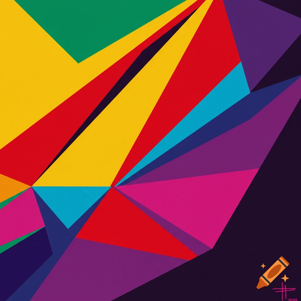 An abstract geometric design with sharp angles and polygons in green, yellow, red, blue, purple, and pink on a dark background.