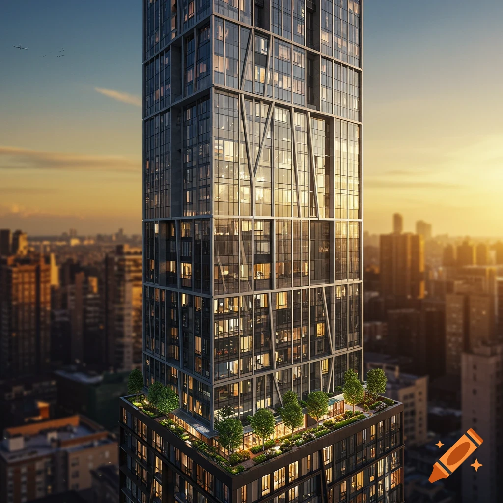Tall, modern glass apartment building with rooftop garden overlooking a city at sunset.
