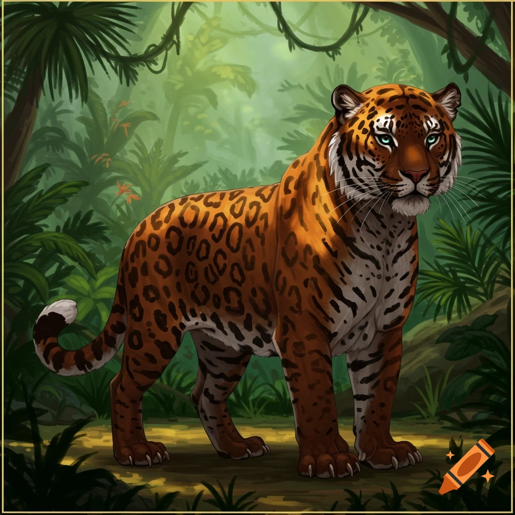 A large spotted and striped cat is in a jungle.