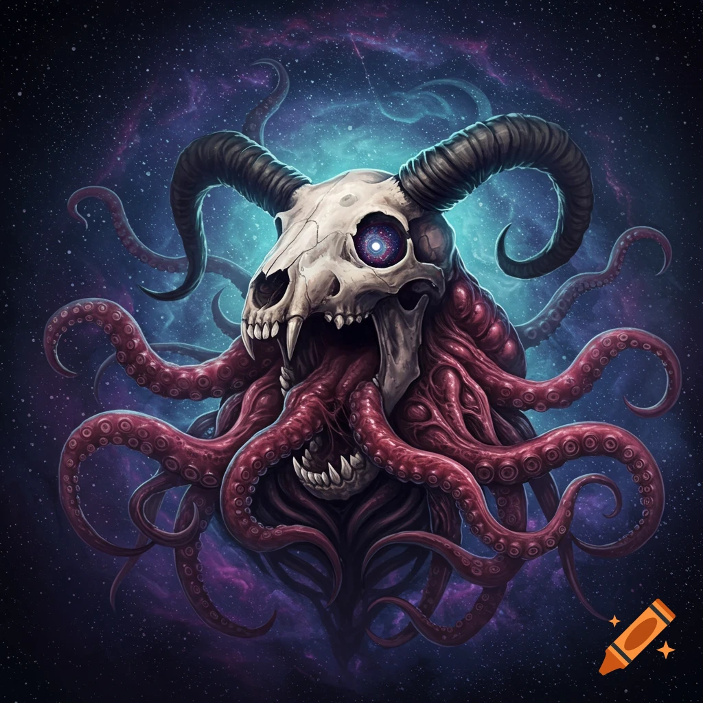 A ram skull creature with red tentacles floats in space among stars and nebulae.